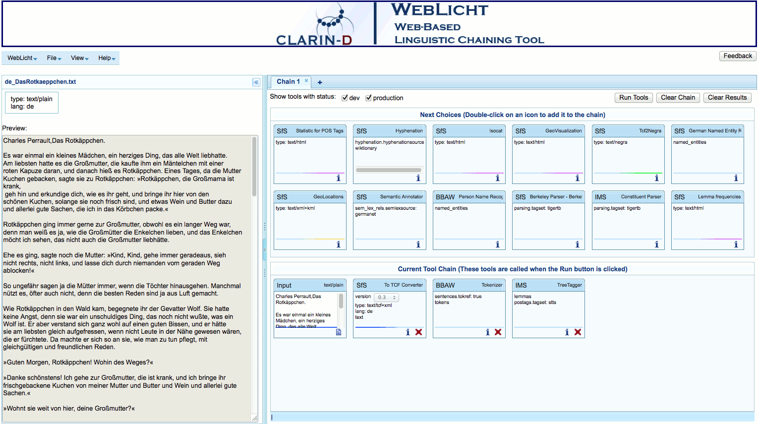 The WebLicht user interface, displayed in a browser