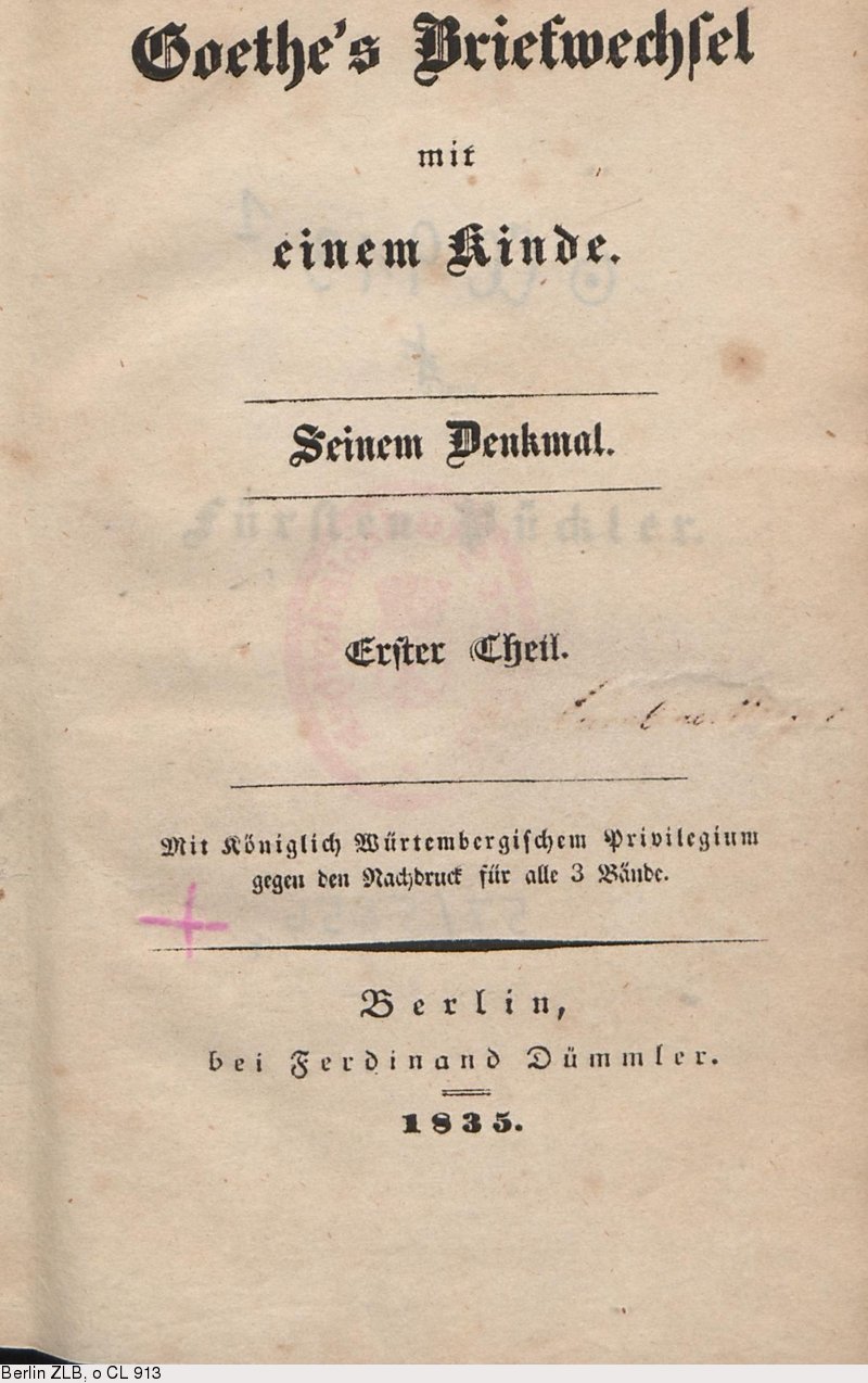 Titelblatt Erstausgabe Goethes Briefwechsel mit einem Kinde Bettine von Arnim 

