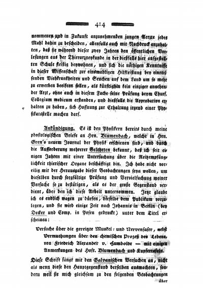 Humboldt, Alexander von: Ankündigung [betr. Gereizte Muskel- und Nervenfaser]. In: Medicinisch-chirurgische Zeitung, Bd. 2 (1796), S. 414-416.