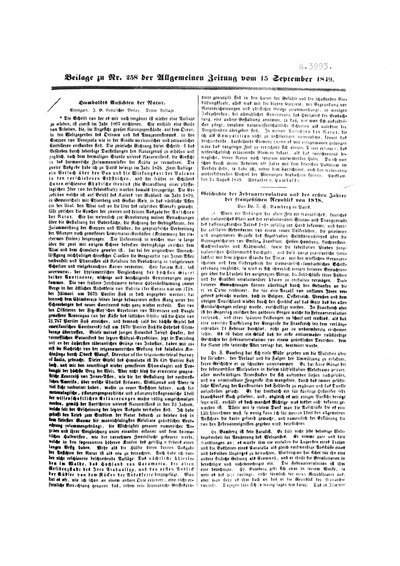 Humboldt, Alexander von: Ansichten der Natur [Ankündigung des Erscheinens der 3. Aufl.]. In: Allgemeine Zeitung, Nr. 258, Beilage (1849), S. 3993.