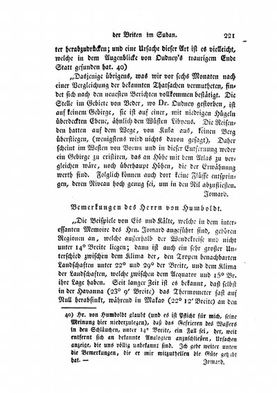 Humboldt, Alexander von: Bemerkungen des Herrn von Humboldt. [Zu Berghaus, H.: Nachricht von den Reisen und Entdeckungen der Briten Oudney, Denham und Clapperton im Sudan.]. In: Hertha, Bd. 3 (1825), S. 221-225.