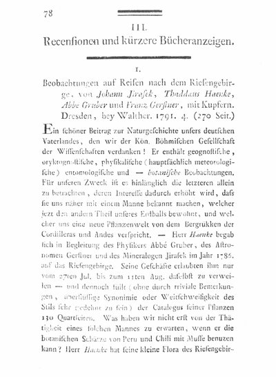 Humboldt, Alexander von: [Rezension zu:] Beobachtungen auf Reisen nach dem Riesengebirge, von Johann Jirasek [et al.] [...] Dresden, [...] 1791. In: Annalen der Botanick. Bd. 1, St. 1 (1791), S. 78-83.