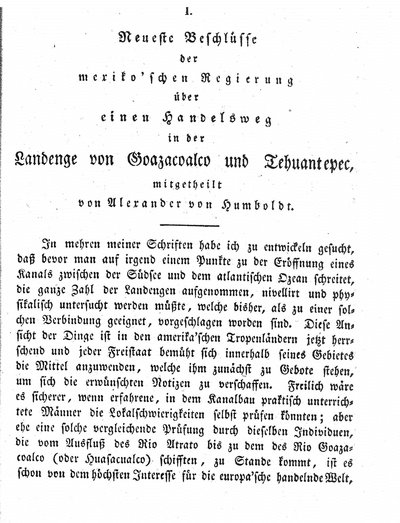 Humboldt, Alexander von: Neueste Beschlüsse der mexikoschen Regierung über einen Handelsweg in der Landenge von Goazacoalco und Tehuantepec. In: Hertha, Bd. 9 (1827), S. 5-28.