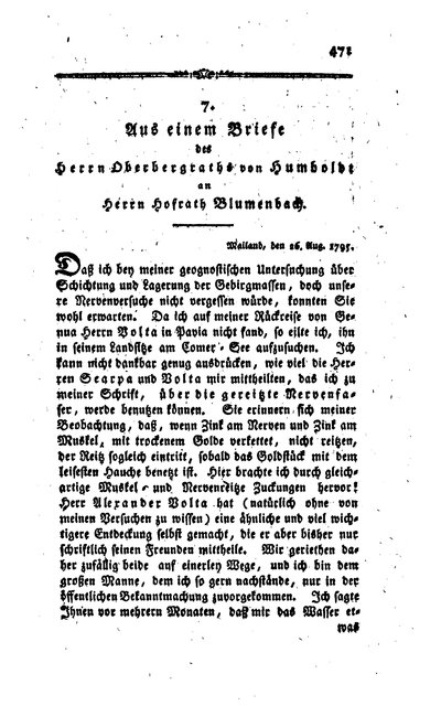 Humboldt, Alexander von: Aus einem Briefe des Herrn Oberbergraths von Humboldt an Herrn Hofrath Blumenbach. In: Neues Journal der Physik, Bd. 2, H. 4 (1795), S. 471-473.