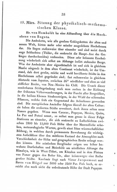 Humboldt, Alexander von: [Über die Hochebene von Bogota]. In: Bericht über die zur Bekanntmachung geeigneten Verhandlungen der Königl. Preuss. Akademie der Wissenschaften zu Berlin. Berlin, 1838, S. 38-43.