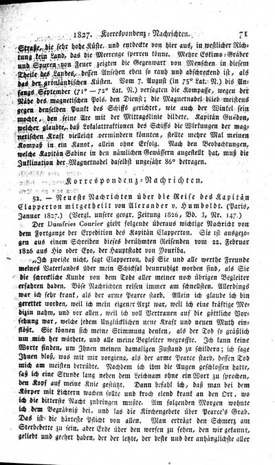 Humboldt, Alexander von: Neueste Nachrichten über die Reise des Kapitän Clapperton[,] mitgetheilt von Alexander v. Humboldt. (Paris, Januar 1827.) In: Hertha. Bd. 9, H. 2 (1827), S. 71-72.
