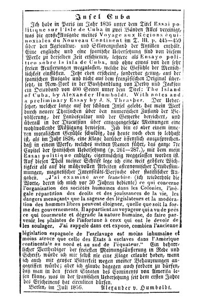 Humboldt, Alexander von: Insel Cuba. In: Berlinische Nachrichten von Staats- und gelehrten Sachen, Nr. 172 (1856), S. 4.