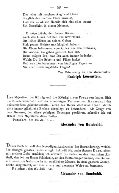 Humboldt, Alexander von: [Eintrag ins Album von Zacharias Dase. Potsdam, 20. Juli 1846]. In: Dase, Zacharias: Aufschlüsse und Proben seiner Leistungen als Rechenkünstler. Berlin, 1856, S. 58.