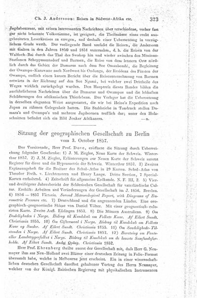 Humboldt, Alexander von: [Humboldt an Ehrenberg v. 1.10.1857, betr. 1. Humboldt-Stadt in Kansas, 2. Prof. Burmeisters Aufnahme der Cordilleren von Chile, 3. Nachrichten von Bonpland]. In: Zeitschrift für allgemeine Erdkunde, Bd. 3 (1857), S. 374-375.