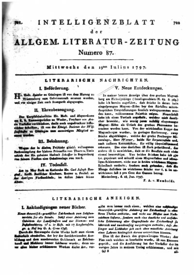 Humboldt, Alexander von: Neue Entdeckungen. In: Allgemeine Literatur-Zeitung. Intelligenzblatt. Bd. 3 (1797) Nr. 87, Sp. 722.