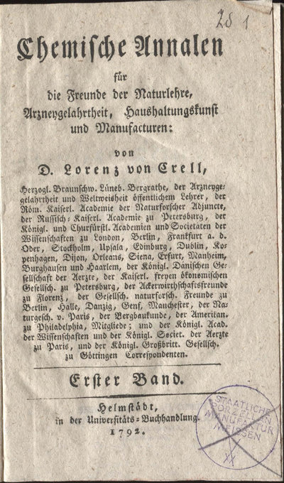 Humboldt, Alexander von: Entwurf zu einer Tafel für die Wärme-leitende Kraft der Körper. In: Chemische Annalen. Bd. 1 (1792) S. 413-422.
