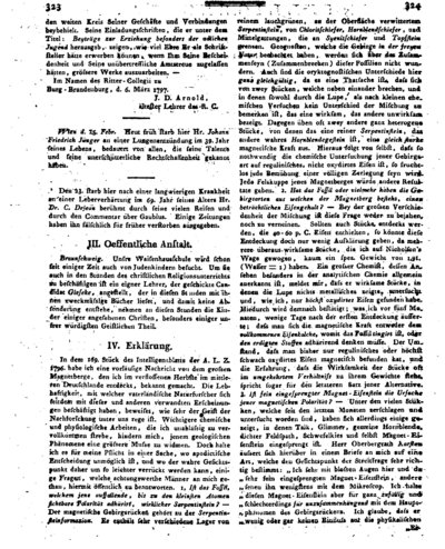 Humboldt, Alexander von: Erklärung [Beantwortung von Anfragen betreffend den von Alexander von Humboldt entdeckten Magnetberg]. In: Allgemeine Literatur-Zeitung. Intelligenzblatt. Nr. 38 (1797) Sp. 323-326.