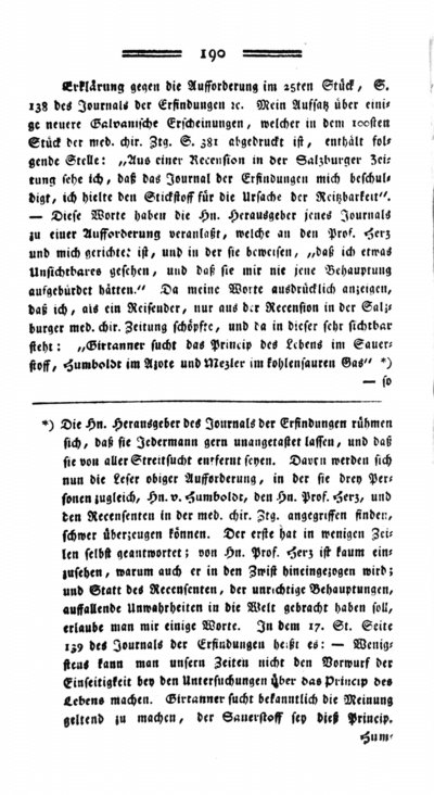 Humboldt, Alexander von: Erklärung gegen die Aufforderung im 25ten Stück, S. 138 des Journals der Erfindungen etc. In: Medicinisch-chirurgische Zeitung. Bd. 1 (1798) S. 190-192.