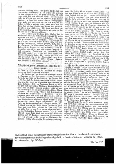 Humboldt, Alexander von: Rücksichtlich seiner Forschungen über Erdmagetismus hat Alex. v. Humboldt der Academie der Wissenschaften zu Paris Folgendes mitgetheilt. In: Notizen aus dem Gebiete der Natur- und Heilkunde. Bd. 32, Nr. 16 (1832), Sp. 243-244.