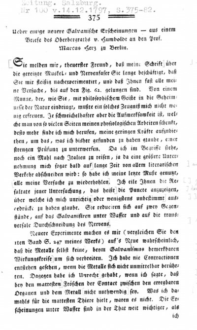 Humboldt, Alexander von: Ueber einige neuere Galvanische Erscheinungen. In: Medicinisch-chirurgische Zeitung. Nr. 100 (1797) S. 375-382.