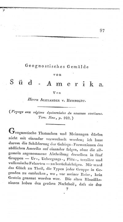 Humboldt, Alexander von: Geognostisches Gemälde von Süd-Amerika. In: Zeitschrift für Mineralogie, Bd. 2 (1826), S. 97-124 und 481-500.
