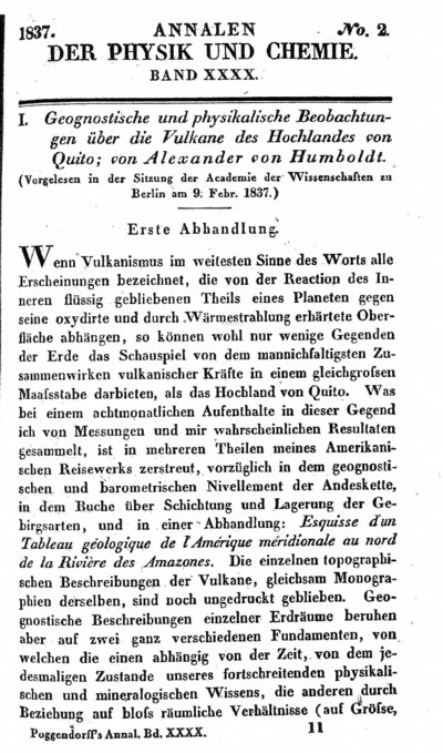 Humboldt, Alexander von: Geognostische und physikalische Beobachtungen über die Vulkane des Hochlandes von Quito. Erste Abhandlung. In: Annalen der Physik und Chemie, Bd. 40 (1837), S. 161-193.