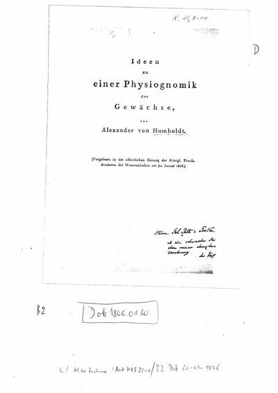 Humboldt, Alexander von: Ideen zu einer Physiognomik der Gewächse. [Tübingen], [1806].