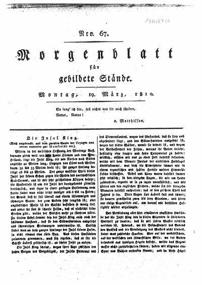 Humboldt, Alexander von: Die Insel King. In: Morgenblatt für gebildete Stände, Nr. 67 (1810), S. 265-267, 270-272.