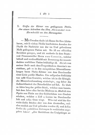 Humboldt, Alexander von: Grösse der Körner von gediegenem Platin. In: Annalen der Physik und Chemie, Bd. 10 (1827), S. 487-490.