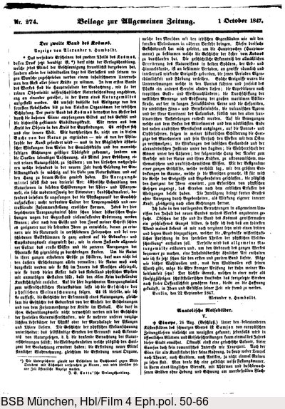 Humboldt, Alexander von: Der zweite Band des Kosmos. Anzeige von Alexander v. Humboldt. In: Allgemeine Zeitung. Nr. 274, Beilage vom 1[.] October 1847 (1848), S. 2185.