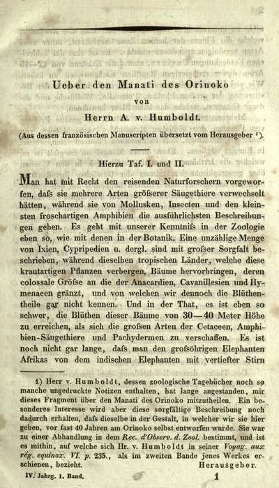 Humboldt, Alexander von: Ueber den Manati des Orinoko. In: Archiv für Naturgeschichte, 4 Jg., Bd. 1 (1838), S. 1-18, [397], [399].