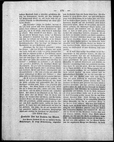 [Humboldt, Alexander von]: Humboldt über das Leuchten des Meeres. In: Der Gesellschafter Nr. 13, Bl. 33 vom 27. Februar, [Berlin], 1829, S. 170-171.
