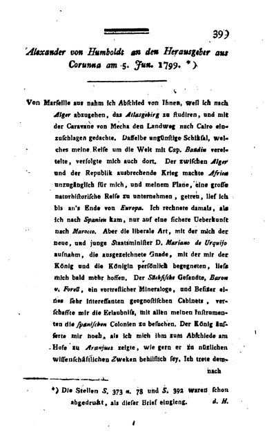 Humboldt, Alexander von: Alexander von Humboldt an den Herausgeber aus Corunna am 5. Jun[i] 1799. In: Jahrbücher der Berg- und Hüttenkunde, Bd. 4 (1799), S. 399-401.