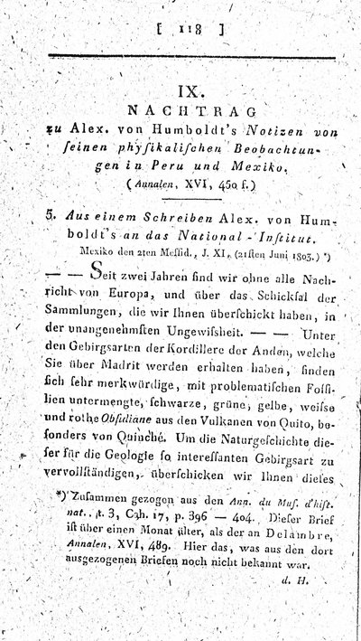 Humboldt, Alexander von: Nachtrag zu Alex. von Humboldts Notizen von seinen physikalischen Beobachtungen in Peru und Mexiko. In: Annalen der Physik, Bd. 18 (1804), S. 118-126.