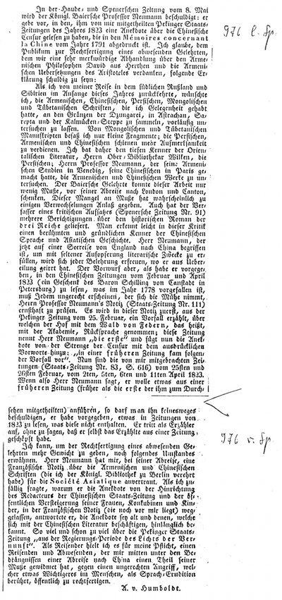 Humboldt, Alexander von: [Verteidigung des Prof. Karl Friedrich Neumann gegen einen ungerechten Angriff]. In: Allgemeine Preußische Staats-Zeitung, Nr. 129 (1830), S. 976.
