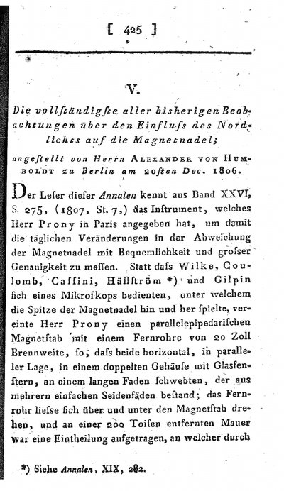 Humboldt, Alexander von: Die vollständigste aller bisherigen Beobachtungen über den Einfluss des Nordlichts auf die Magnetnadel. In: Annalen der Physik, Bd. 29, Viertes Stück (1808), S. 425-429.
