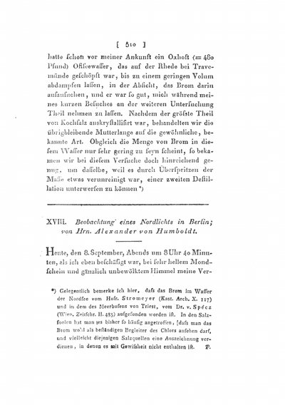 Humboldt, Alexander von: Beobachtungen eines Nordlichts in Berlin. In: Annalen der Physik und Chemie, Bd. 10 (1827), S. 510-512.