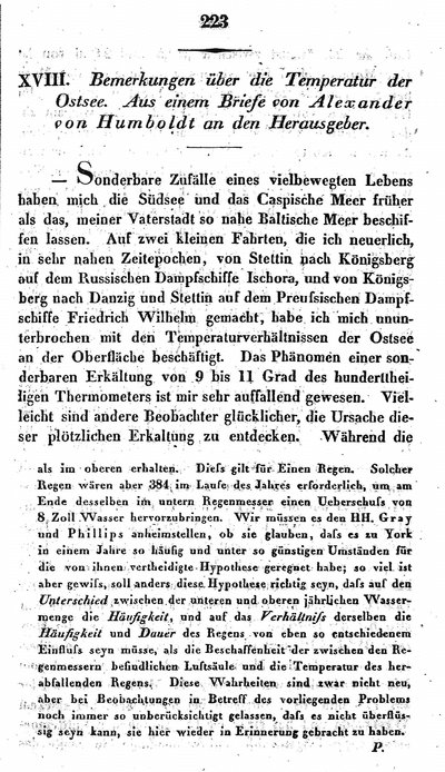 Humboldt, Alexander von: Bemerkungen über die Temperatur der Ostsee. Aus einem Briefe an den Herausgeber. In: Annalen der Physik und Chemie, Bd. 33, St. 3 (1834), S. 223-227.