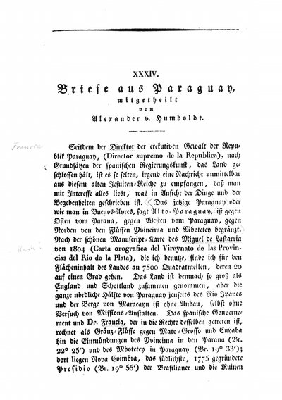 Humboldt, Alexander von: Briefe aus Paraguay. In: Hertha, Bd. 2 (1825), S. 696-707.
