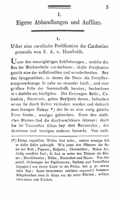 Humboldt, Alexander von: Ueber eine zweifache Prolification der Cardamie pratensis. In: Annalen der Botanick, Bd. 1 (1792), S. 5-7.