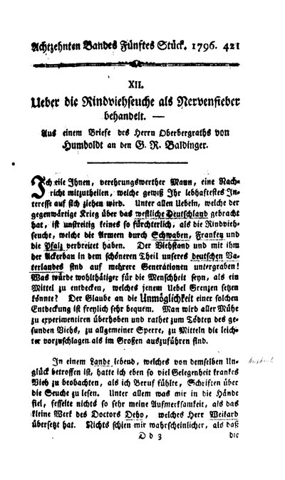 Humboldt, Alexander von: Ueber die Rindviehseuche als Nervenfieber behandelt. In: Neues Magazin für Aerzte. Bd. 18, 5. St., 1796, S. 421-425.