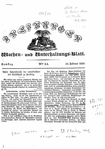 Humboldt, Alexander von: [Humboldt an Schultze, Secretär der naturforschenden Gesellschaft zu Freiburg]. In: Freiburger Wochen- und Unterhaltungsblatt, Nr. 15 (1830), S. [59]-61.