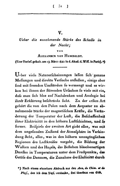 Humboldt, Alexander von: Über die zunehmende Stärke des Schalls in der Nacht. In: Annalen der Physik, Bd. 65 (1820), S. 31-42.