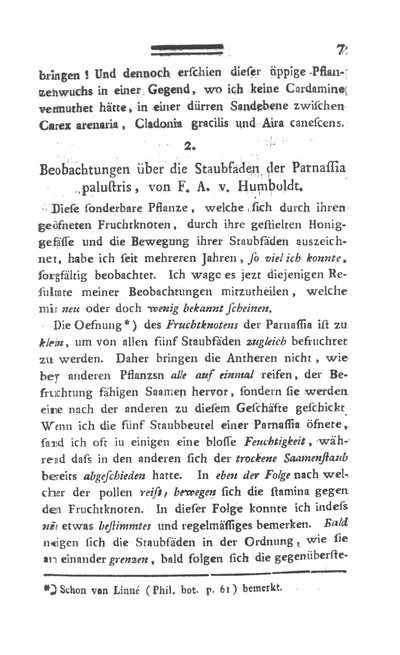 Humboldt, Alexander von: Beobachtungen über die Staubfäden der Parnassia palustris. In: Annalen der Botanick, Bd. 1 (1792), S. 7-9.