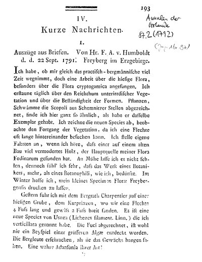 Humboldt, Alexander von: Auszüge aus Briefen an den Herausgeber [Usteri]. In: Annalen der Botanick, Bd. 1, St. 2 (1791) S. 193.