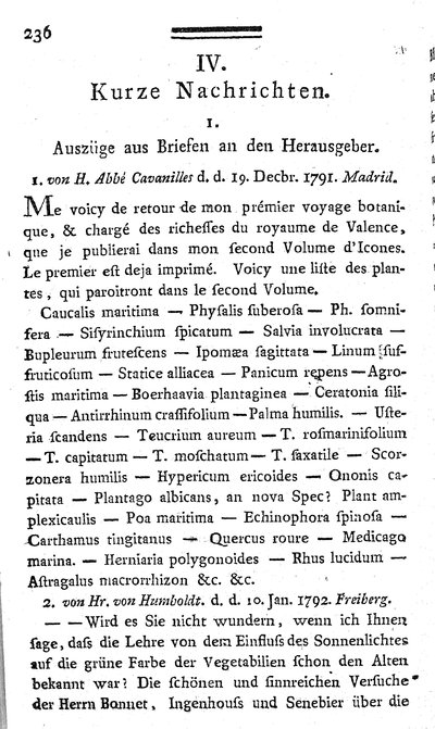 Humboldt, Alexander von: Auszüge aus Briefen. In: Annalen der Botanick, Bd. 1, St. 3 (1792), S. 236-239.