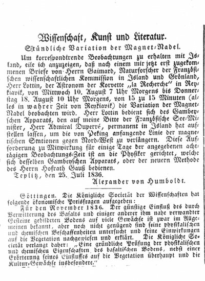 Humboldt, Alexander von: Stündliche Variation der Magnet-Nadel. In: Allgemeine Preußische Staats-Zeitung, Nr. 209 (1836), S. 858.