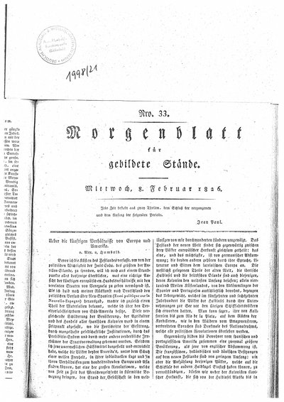 Humboldt, Alexander von: Ueber die künftigen Verhältnisse von Europa und Amerika. In: Morgenblatt für gebildete Stände, Nr. 33 (1826), S. 129-130 und Nr. 34 (1826), S. 134-135.