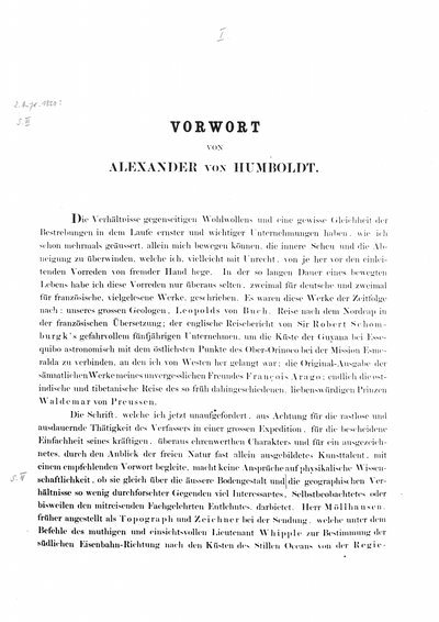 Humboldt, Alexander von: Vorwort von Alexander von Humboldt. In: Möllhausen, Balduin: Tagebuch einer Reise vom Mississippi nach den Küsten der Südsee. Leipzig, 1858, S. [I]-VIII.