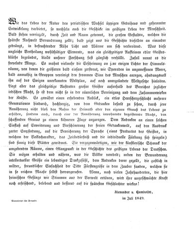 Humboldt, Alexander von: [Vorwort zu dem Gedenkbuch der Prinzessin von Preußen für die Dichterzimmer im Weimarer Schlosse]. In: Separatum/Manuscript für Freunde. [s. l.], 1849, 1 Bl.