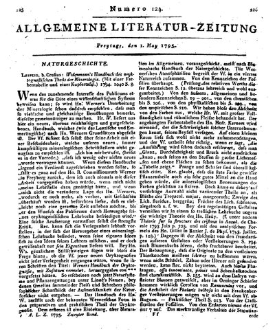 Humboldt, Alexander von: [Rezension zu:] Widenmann's Handbuch des oryktognostischen Theils der Mineralogie. In: Allgemeine Literatur-Zeitung, Bd. 2, Nr. 124 (1795), Sp. 225-229.