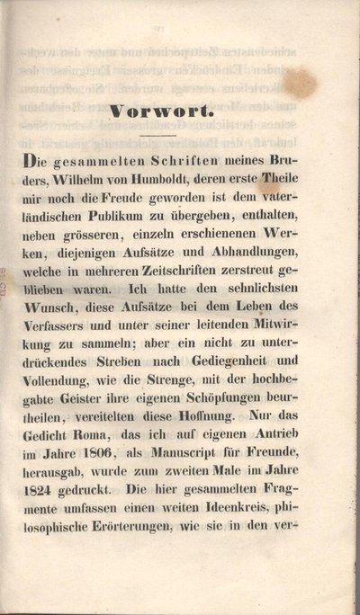 Humboldt, Alexander von: Vorwort. In: Humboldt, Wilhelm von: Gesammelte Werke. Bd. 1. Berlin, 1841, S. III-VI.