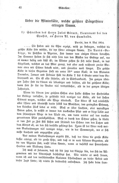 Humboldt, Alexander von: Ueber die Winterkälte, welche größere Säugethiere ertragen können. Bemerkungen des Herrn Al. von Humboldt. In: Zeitschrift für allgemeine Erdkunde. Bd. 3, 43 (1854), S. 43.