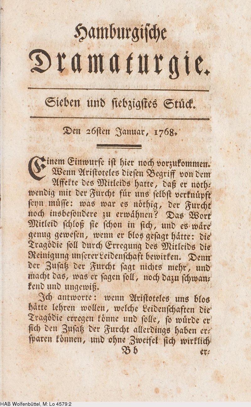 Deutsches Textarchiv – [Lessing, Gotthold Ephraim]: Hamburgische Dramaturgie.  Bd. 2. Hamburg u. a., [1769].
